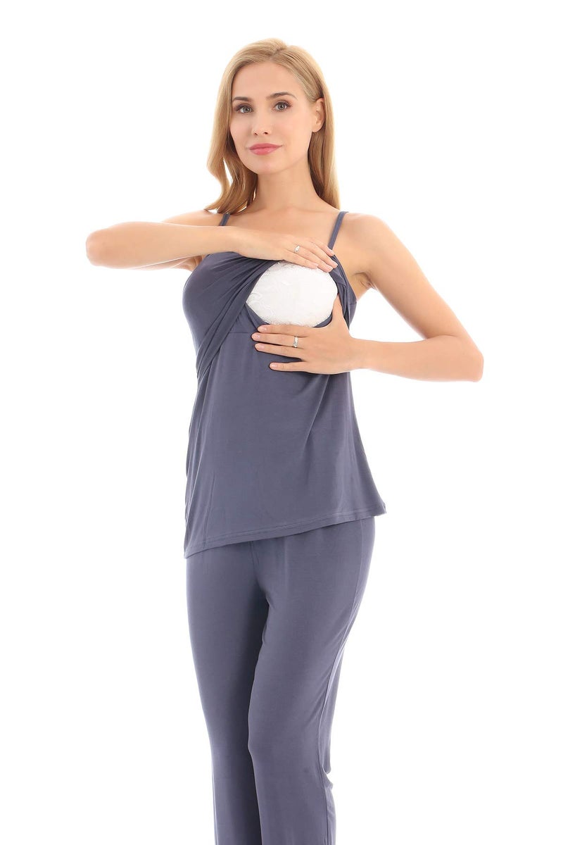 Bearsland Maternity Women's 3 Pieces Soft Nursing Pajamas Set Postpartum Sleepwear for Breastfeeding,bluegray,M - Image 4